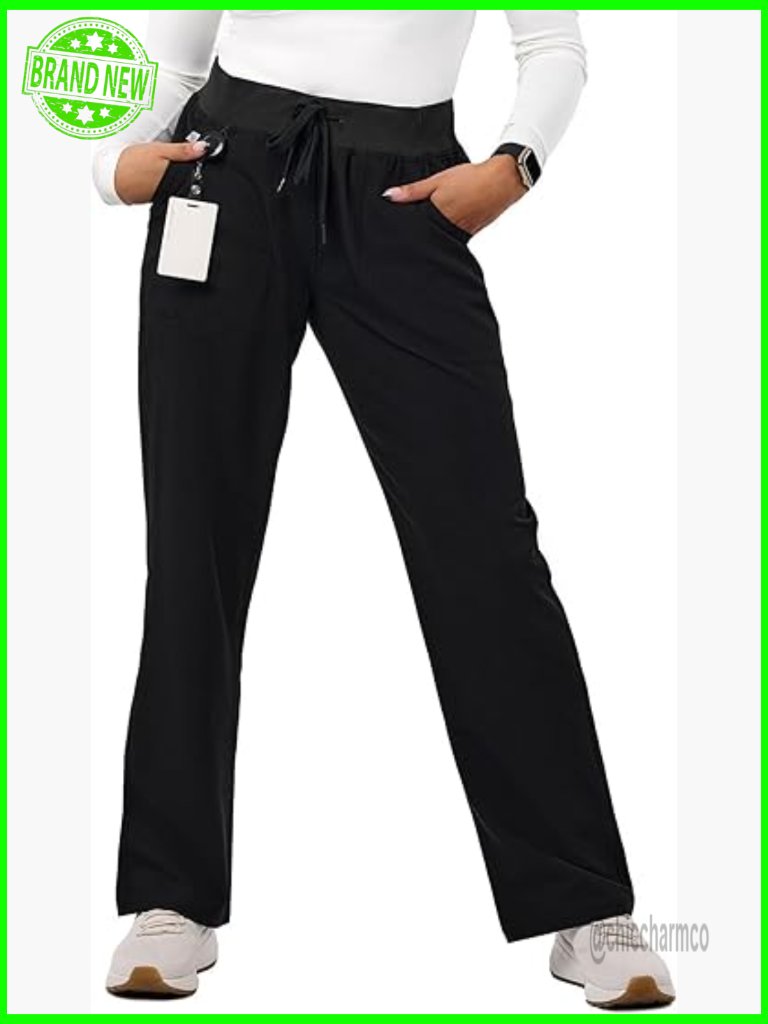 Women's Straight Leg Scrub Pants, 4-Pocket, Stretch Fabric, Elastic Waist